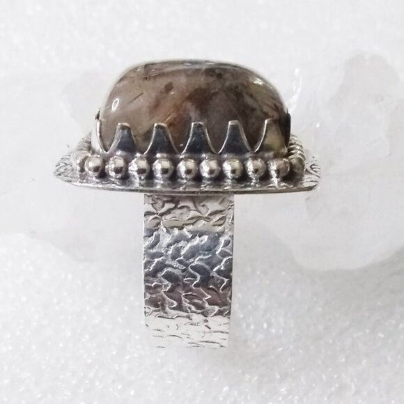 Sz 6.5 ~ Rutilated Quartz Ring! Square Cabochon! SouthWest Vibe! Wide Cigarband - Picture 4 of 10